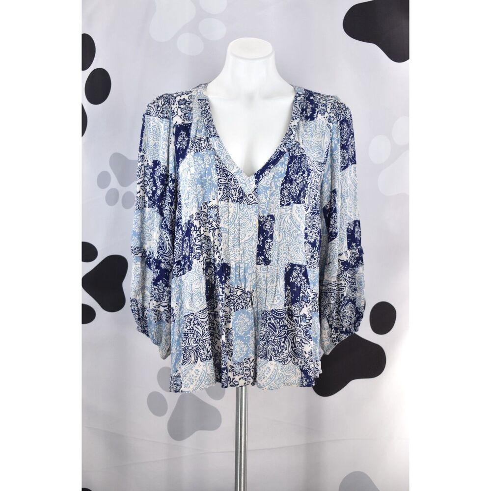 Maeve Anthropologie Cathy Pleated Blouse Patchwork Boho Peasant Blue White Large